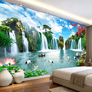 Papel Tapiz 3D Personalizado, Paisaje de Cielo Azul con Cascada, Grullas Blancas, Pinos y Flores de <span class=keywords><strong>Ciruelo</strong></span>, Estilo Chino, Mural para Talleres y Dormitorios - Product Image 1