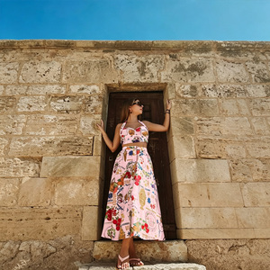 Women's 2 Piece Boho Floral Woven Halter Sleeveless Short <b>Crop</b> <b>Top</b> and Midi Skirt Set Vintage High Waist Summer Outfit - Product Image 4