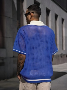 Tùy Chỉnh Jacquard Logo Đan Ngắn Tay Áo Áo Len 100% Bông Giản Dị Mùa Hè Ren-up Thiết Kế Người Đàn Ông Của Polo Knit T-Shirt - Product Image 5