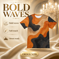 T-shirt pour homme en popeline 3D à motifs, 100% polyester, orange brûlé, terrain fluide, séchage rapide, respirant, col rond, prêt à être expédié