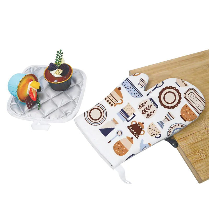 US-Warenlager Sublimations-Rückstände Ofenhandschuhe Ofenmatte Griff heiße Pfannen Matte Polyester Küchenofen Handschuhe und Tischdecke