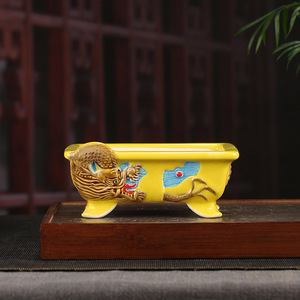 <span class=keywords><strong>Pot</strong></span> à Bonsaï Carré en Porcelaine Violette, Style Antique, avec Relief Dragon, Peint à la Main et Décor Embossé - Product Image 3