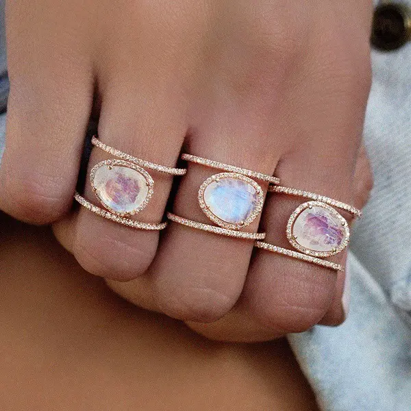 Wish Best Selling 14k Rose Gold Irregular Gemstone Wedding Rings for Women European Crystal Moonstone Rings for Party