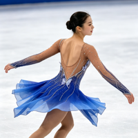 Robe de patinage artistique bleu royal dégradé pour performance scénique, dos ouvert en maille, strass, jupe asymétrique pour filles et enfants