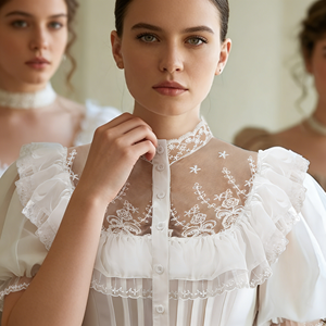 Chemisier blanc uni en dentelle transparente pour femme, col rond, manches bouffantes à volants, taille plissée, été - Product Image 1