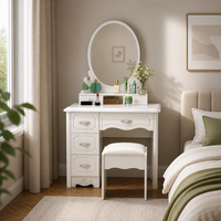 Coiffeuse moderne en MDF blanc avec miroir ovale éclairé, 4 tiroirs, élégante table de maquillage pour chambre à coucher avec rangement, modèle 921D