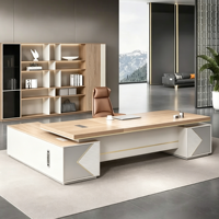 Escritorio Ejecutivo Moderno con Gabinete, Escritorio de Director Ejecutivo de Madera de Lujo con Mesa Lateral de Almacenamiento, Muebles de Oficina Comerciales