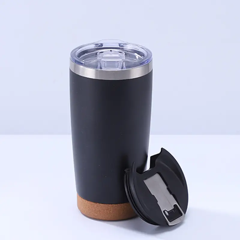 Gobelet de 20oz avec fond en liège Tasse à café en bois isolée en acier inoxydable pour voiture de voyage Tasse à bière avec couvercle d'ouverture