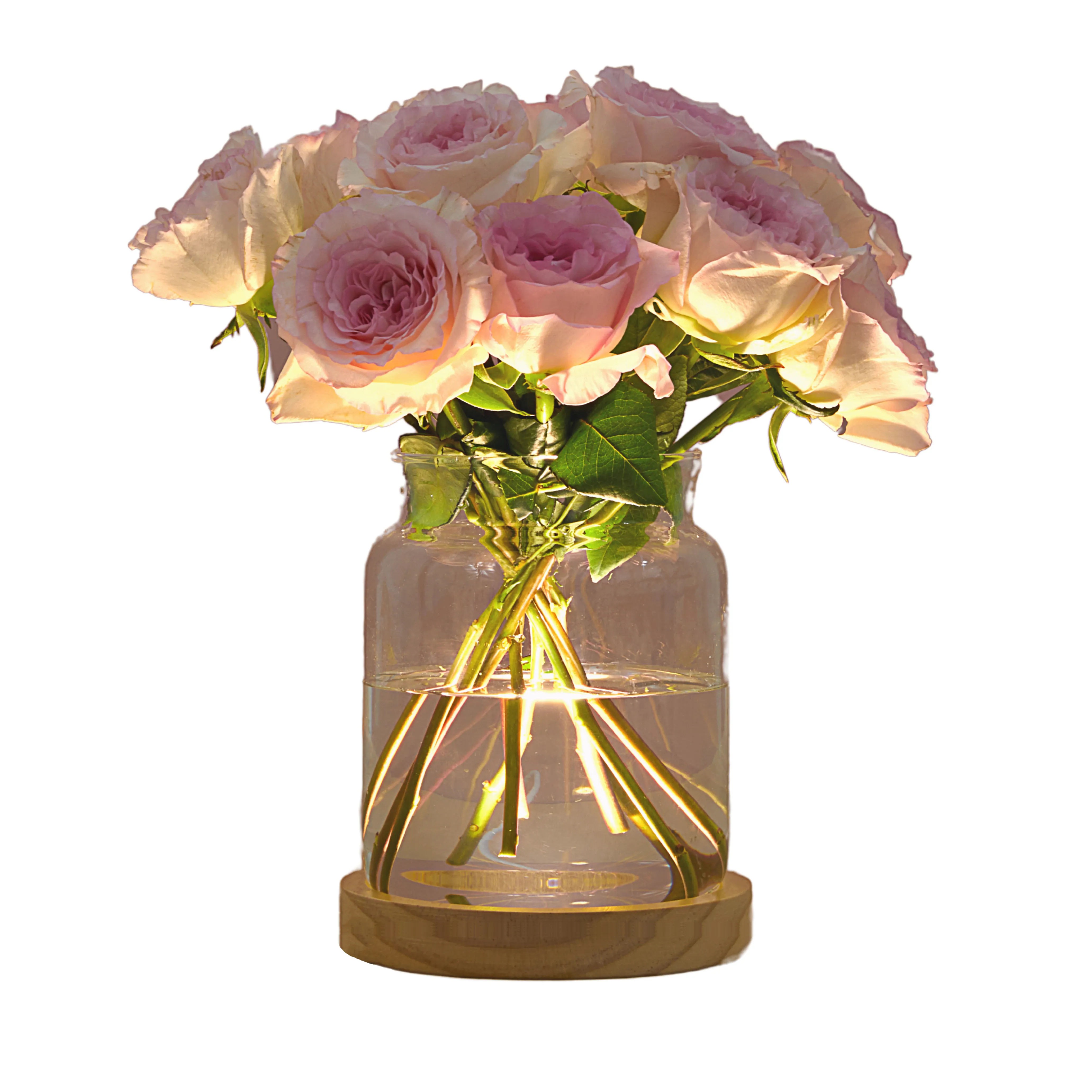 New Modern LED Wooden Base Transparent Cylinder Bottle Hydroponic Plant Flower Desktop Decor Vase Flower Glass & Crystal Vases