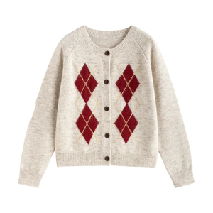 Pull-over long à manches longues pour fille, style preppy, en tricot argyle rouge de haute qualité, avec boutons tendance - Product Image 3