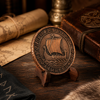 Medalla Coleccionable Nórdica Retro de Cobre con Dragón Vikingo en Relieve, Barco y Círculo de Runas, Borde Texturizado, Réplica Histórica