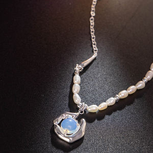 Collar con Colgante de Piedra Lunar y Perla Natural de Agua Dulce con Cadena de Eslabones Estilo Bohemio, Chapado en Plata, Joyería para Fiesta - Product Image 5