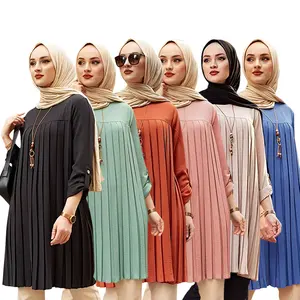 Hot Selling 5XL Muslim Top Multicolor Pleated Loose Islamic Clothing Women Modest Blouses Chiffon Long Shirts For Women Muslim