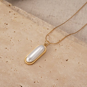 Trendy Long Oval <b>Pearl</b> <b>Necklace</b> For Women 304 Stainless Steel Vacuum Electroplated 18K Real <b>Gold</b> Non Fading Pendant Cable Chain - Product Image 6