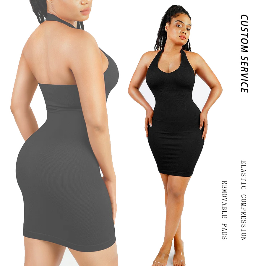 Hexin Wholesale Halter Neck Deep U Seamless Listing Elastic Knit Shapewear  Dress Tummy Trimmer Bodycon Dress for Women| Alibaba.com