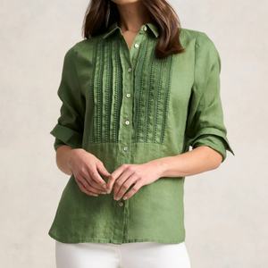 Blusas Personalizadas de Manga Larga Verdes, Cómodas y Transpirables, con Diseños de Encaje, Camisa de Lino y Algodón de Alta Calidad para Mujer - Product Image 1