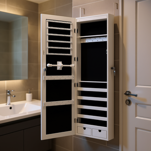 Armoire à bijoux miroir à fixer sur porte avec éclairage LED, organisateur de rangement en plastique 10-20 L pour bijoux - Product Image 2