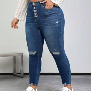Wholesale Plus Size Women Dark Blue <b>Button</b> Ripped Skinny Pencil Women <b>Jeans</b> Fashion Stretchy Mid Waist Ladies Legging Pants - Product Image 3