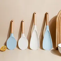 Wholesale Silicone kitchenware Non-stick Silicone Rice Spoop spatula set Kitchen Cooking Silicon Spatula With Wooden Handle