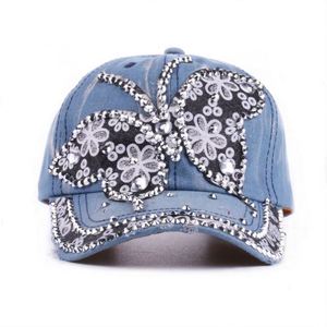 Casquette de baseball élégante en jean délavé avec strass papillon scintillant pour femme – Vente en gros - Product Image 3