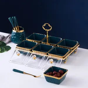 Luxury Handheld Gold-plated High-grade Ceramic Fruit Plate Divided Into The Lattice Hotel Snack Plate Tray