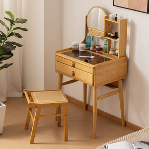 Bamboo Makeup <b>Vanity</b> With Mirror And Storage Shelf For Bedroom Adult Use - Product Image 1