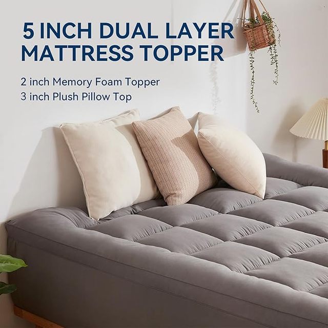 King Size 5"Dual Layer Topper: 2" Gel Memory Foam & 3" 1450 GSM Down Alternative Quilted Pillow Top Cover, Dark Gray