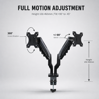 Bras double pour moniteur de bureau gaming à ressort à gaz, revêtement poudré noir, VESA 75x75 100x100, 17-32 pouces, rotation à 90 degrés