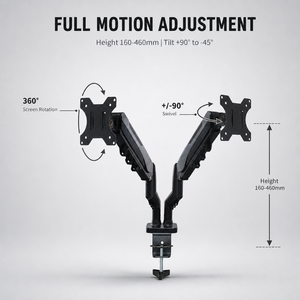 Braccio Doppio per Monitor da Gaming e Ufficio con Molla a Gas Verniciato a Polvere Nera, VESA 75x75 100x100, 17-32 Pollici, Rotazione 90 Gradi - Product Image 4