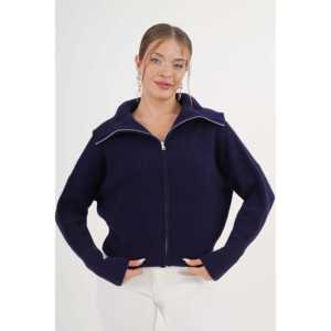 Cárdigan de punto azul marino para mujer, informal, con cuello con cremallera, anti-bolitas, suéter de manga larga - Product Image 4