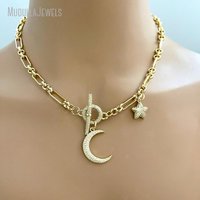 NM56082 Plaqué Or Multi Lune Étoile Charme Zircon Bascule Connecteur Homard Griffe Fermoir Superposition Chance Charm Bijoux Cadeau pour Elle