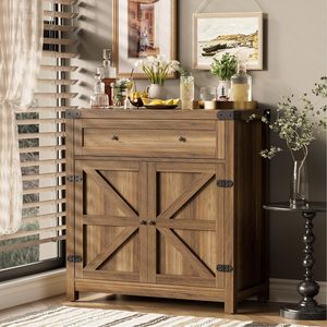 Coffee bar Gabinete Farmhouse locker con cajones y estantería ajustable Barn Door Locker (marrón) - Product Image 2