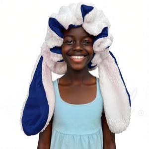 <span class=keywords><strong>Bonnet</strong></span> de nuit luxueux en peluche avec oreilles d'animaux pour femmes, doublure en satin soyeux pour les cheveux. Motifs chat, ours, panda, vache, lapin, loup, léopard. - Product Image 2