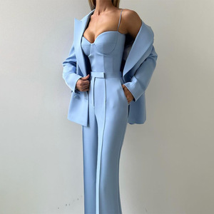 Conjunto de Otoño Azul Cielo <span class=keywords><strong>para</strong></span> <span class=keywords><strong>Mujer</strong></span> con Dos Botones, Top sin Tirantes, Chaqueta y Pantalones Casuales de Cintura Alta, Traje de 3 Piezas - Product Image 5