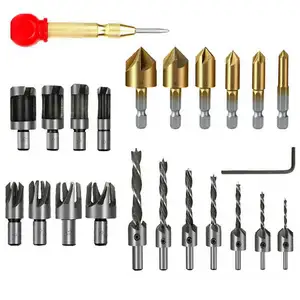 23pc High-Speed Steel Chamfer Tenon Plug Cutter Countersink Drill Bit Set Woodworking