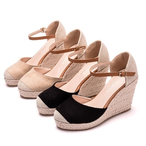 Sandales compensées espadrilles en gros avec bride de cheville, tige en toile, semelle en jute, chaussures d'été pour femmes, logo personnalisé, faible MOQ, livraison rapide - Product Image 1