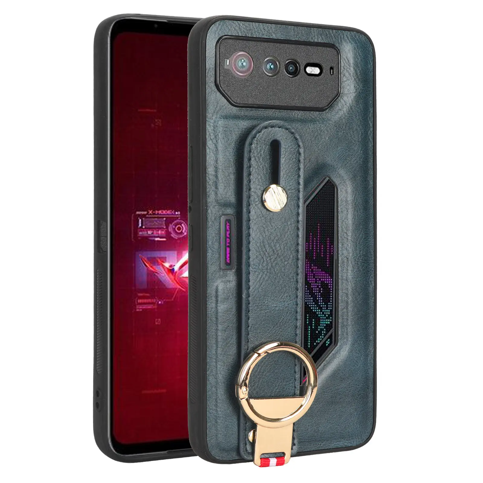Asus ROG Phone6 (ROG6) arka kapak deri kılıf kabuk için bilek kayışı ile çok fonksiyonlu PU deri telefon koruyucu kılıf