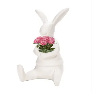 Decorative Easter White Bunnies Rabbit Ceramic Flower Vase