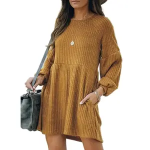 Custom Autumn Winter Women Imitated Cotton Knitted Sweater Long Sleeved Casual Dress Manufacture Custom For Women Cloth