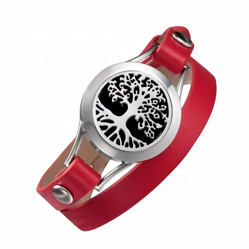 Stainless Steel Aromatherapy Red Genuine Leather Essential Oil Diffuser Wrist Band Tree Of Life Bracelets For Kids