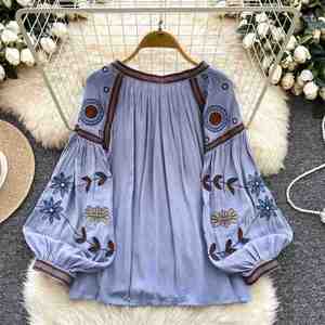 Autumn Vintage Full Sleeve O-Neck Casual Blouses Women Wide Sleeve Front Embroidery Loose Fit Eco-Friendly Breathable <b>Shirts</b> - Product Image 4