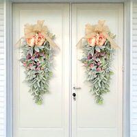 Guirlande artificielle de pivoines en forme de goutte d'eau avec nœud en toile de jute et feuilles d'oreille de mouton, décoration florale pour porte d'entrée ou murale de printemps