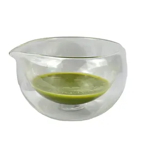 Tigela de vidro para matcha, tigela de vidro transparente texturizada com bico dosador, copo de vidro de parede dupla