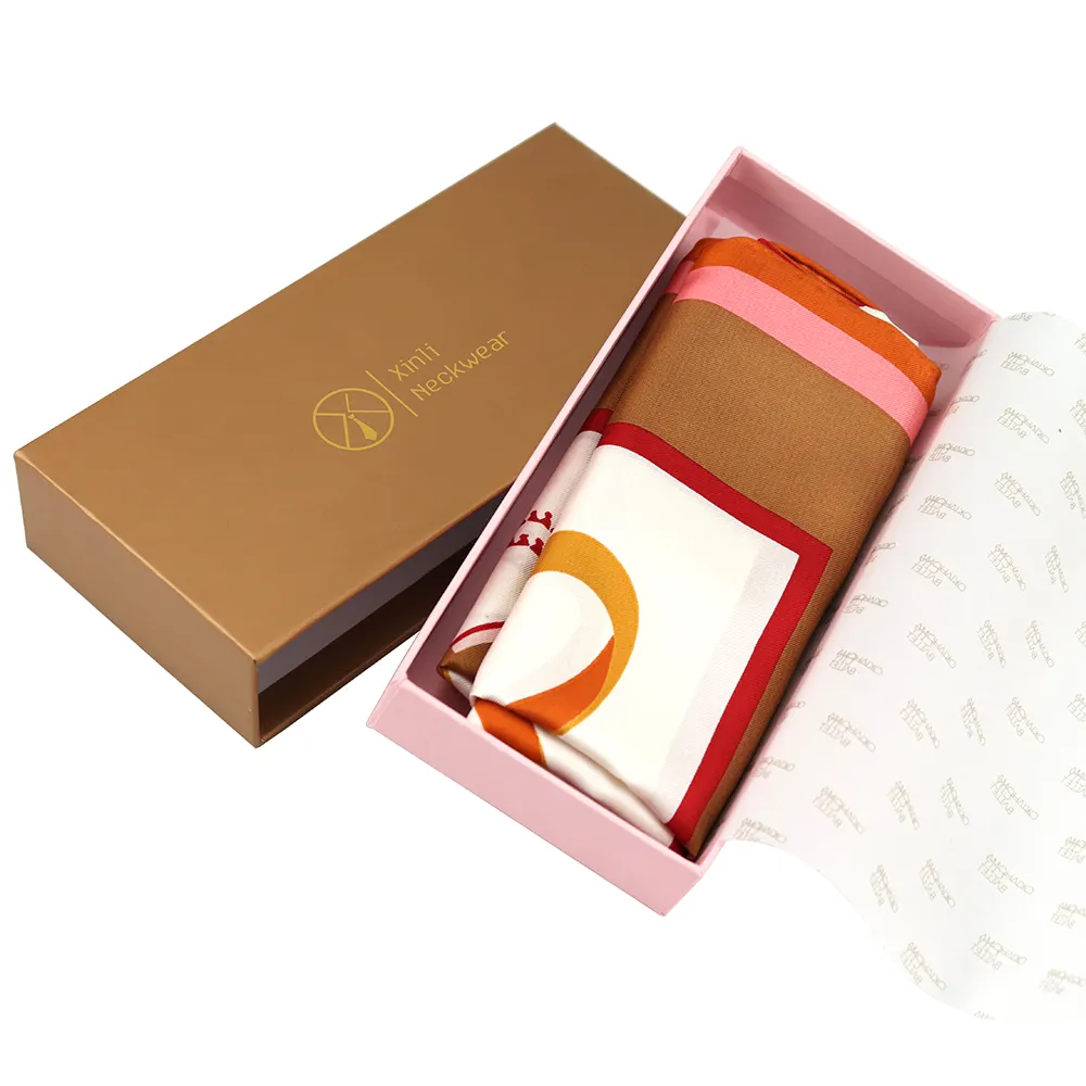 Bufandas con estampado de pantalla para mujer, pañuelos de seda cuadrados con patrón de cinturón rosa y naranja, en caja de lujo, para regalo