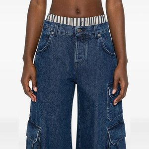 사용자 정의 로고 통기성 다크 섹시 로우 와이드 레그 여성용 청바지 포켓 캐주얼 스트리트웨어 - Product Image 4