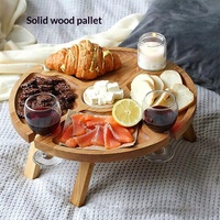 Plateau à fruits et en-cas en bois massif, design minimaliste, écologique, avec porte-verre à vin, pour meubles d'extérieur, camping, pique-nique