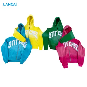 Sıcak satış erkek Rhinestones Hoodies fransız Terry Metal Zip Hoodie Patchwork erkekler boy OEM hizmeti için özelleştirilmiş Streetwear