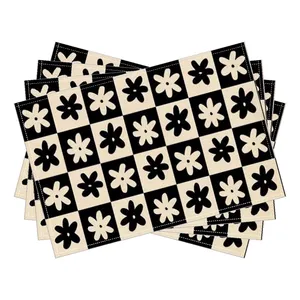 Black <strong>Cream</strong> Checkerboard <strong>Placemats</strong> with Floral Pattern Washable Modern Table Mats for Kitchen, Caf&eacute; or Dinner Party Decor - Product Image 2
