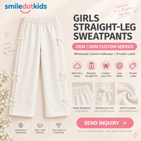 Smiledotkids Pantalon de survêtement droit personnalisé pour enfants, en tissu éponge doux, avec bordure en dentelle et nœud, OEM ODM, pour tout-petits, vente en gros, nouveauté