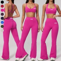 Ensemble de sport pour femme effet seconde peau, soutien-gorge de sport dos nu, pantalon de yoga évasé taille haute, 2 ou 3 pièces, couleur unie, tenues de fitness